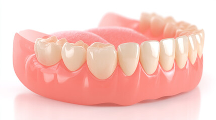 Obraz premium Dentures false teeth dental prosthesis artificial gum realistic white pink oral care closeup isolated medical healthy removable dental appliance clean hygiene smile tooth replacement upper jaw