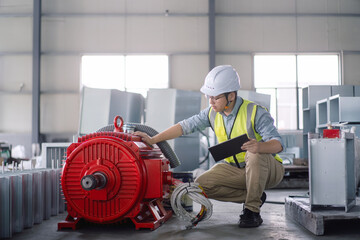 asian engineer working with electric motor