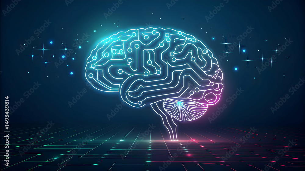 Poster futuristic neon brain illustration with circuit patterns and glows