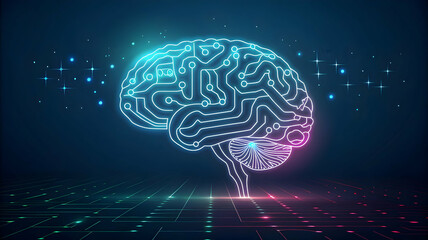 Futuristic Neon Brain Illustration with Circuit Patterns and Glows