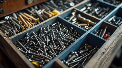 Detailed Close-Up of Assorted Metal Screws and Fasteners in Drawer