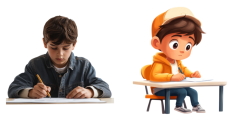 Young cartoon boy drawing at desk isolated on transparent PNG image perfect for educational illustrations