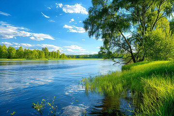Fototapeta premium a river with a tree and grass in the foreground