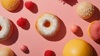 Colorful Assorted Donuts with Raspberries and Candy on Pink Background