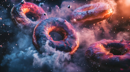 Colorful Donuts Floating in Cosmic Space with Mystical Atmosphere