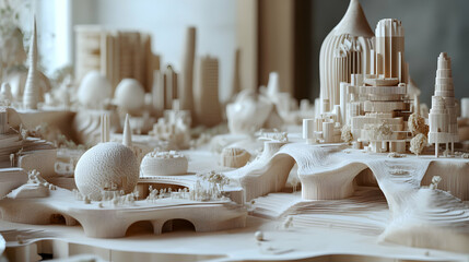 Intricate Architectural Model of a Futuristic Cityscape in Natural Wood