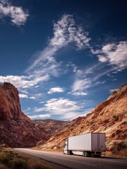 Semi Truck Transporting Cargo on Highway Through Red Rock Canyon Landscape Under Blue Sky with Clouds Scenic View