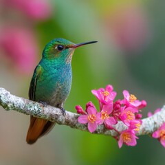Fototapeta premium Rufous tailed hummingbird perched on a branch with pink flowers close up wildlife nature photography