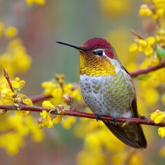 Obraz premium Anna's Hummingbird perched on flowering branch close up side view California birdwatching nature photography wildlife animal portrait