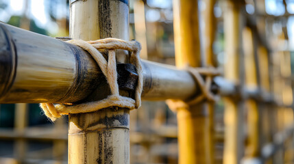 Detailed Close-Up of Bamboo Construction with Natural Textures and Ties