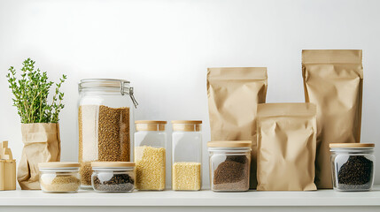 Glass and Paper Containers with Various Grains and Dried Herbs