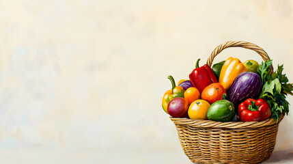 Colorful Basket of Fresh Fruits and Vegetables on Neutral Background