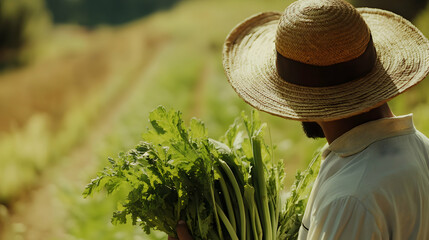 Farmer Wearing Straw Hat Holding Fresh Celery in Beautiful Field