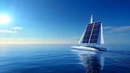 Solar-Powered Catamaran Sailing on Calm Ocean Under Clear Blue Sky