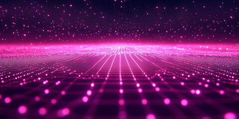 Vibrant Digital Landscape with Glowing Pink Lights and Grid Pattern