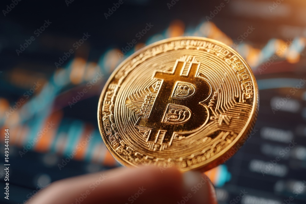 Poster a close-up shot of a golden bitcoin with a financial chart in the background showing market analysis