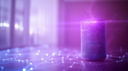 Futuristic Smart Speaker with Abstract Tech Background in Purple Glow