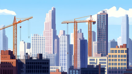 Modern City Skyline with Construction Cranes Under Blue Sky