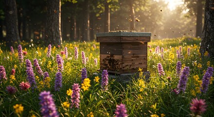 Beehive in Flower Meadow with Bees