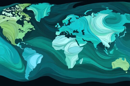 Abstract World Map Illustration with Flowing Lines in Shades of Teal and Green Artistic Global Representation