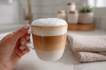 A woman's hand holds a glass of layered latte with frothy foam in a bright kitchen. The layers create a beautiful visual, enhancing its appeal and making it a perfect drink.