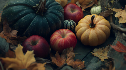 Autumn Harvest with Colorful Pumpkins and Fresh Apples in Nature