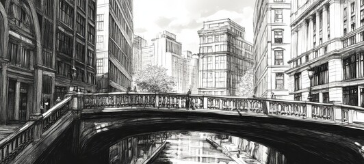 Obraz premium A black-and-white drawing of a bridge in a bustling city