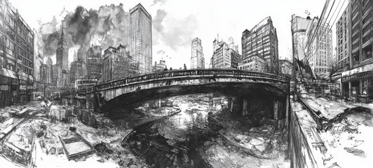 Obraz premium A black-and-white drawing of a bridge in a bustling city
