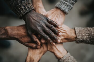 A diverse group of people coming together, symbolizing unity and collaboration, hands stacked in a display of support, strength, and teamwork achieved through togetherness.