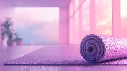 Serene Yoga Studio Interior with Rolled Purple Mat and Soft Light