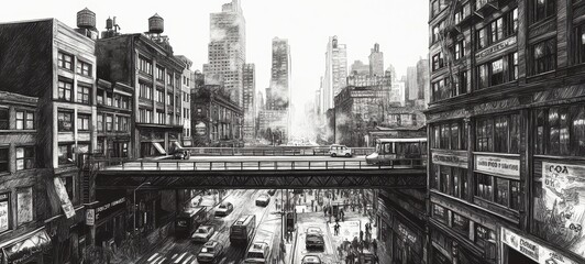 Obraz premium A black-and-white drawing of a bridge in a bustling city