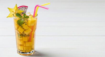 Healthy exotic fruit mix with colorful straws in glass. Neutral background with copy space, perfect for ad layouts.