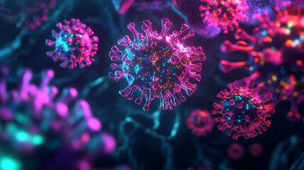 Vibrant fluorescent viruses under an electron microscope with eerie glowing effects
