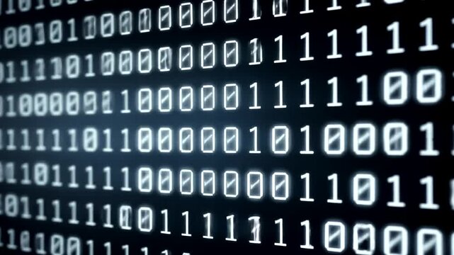 Binary Code Rows of glowing 0s and 1s on a dark background, forming digital data streams
