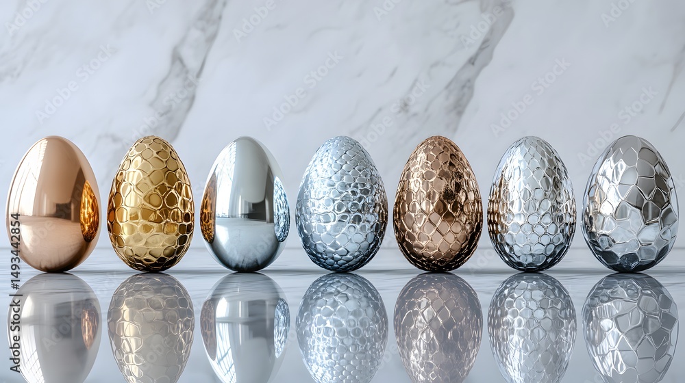 Poster metallic eggs arranged in a row on a marble surface.