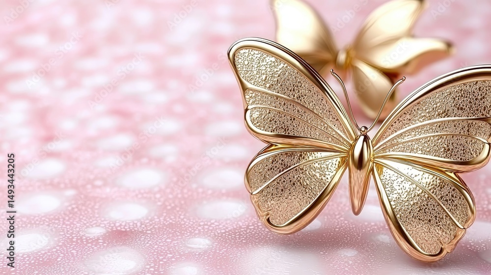 Poster elegant golden butterflies on soft pink background with delicate dots creating a dreamy atmosphere