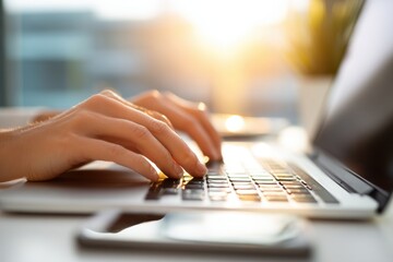 Close-up of hands typing on a laptop keyboard in a bright, modern office setting, reflecting concentration and productivity, ideal for illustrating workplace technology