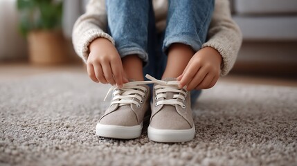 Naklejka premium A child sitting on a carpet tying the laces of their gray canvas shoes in a well lit indoor setting