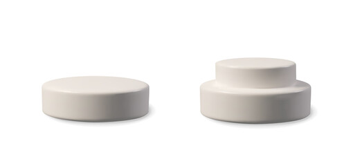 3d set white podiums. Three-dimensional vector illustration stage. Winner platform for product display, award ceremony, presentation, or competition scene. Realistic, abstract, for web, graphic use.