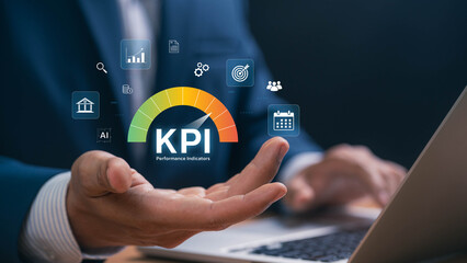 Business executive using KPI performance indicators with AI data analytics and digital dashboards...
