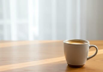 Fototapeta premium Minimalist Morning Coffee in a Ceramic Mug on Wooden Table. Generative AI.