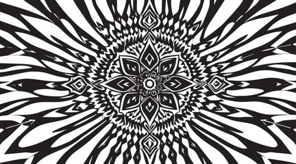 Abstract vector black and white design featuring a complex central pattern radiating outwards. Creates a striking optical effect.