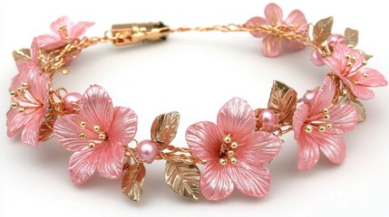 Elegant pink flower bracelet with gold leaves and pearls, a stunning piece of handmade jewelry