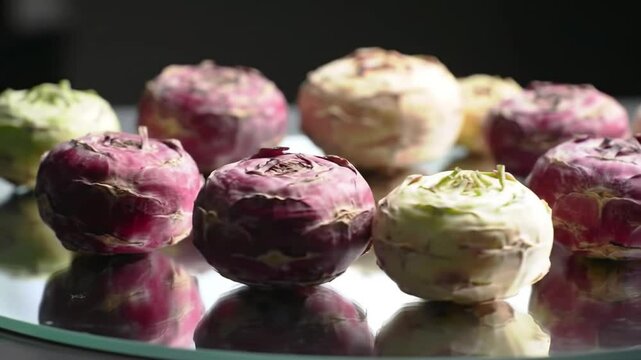 Fresh Kohlrabi Vegetables On A Reflective Surface Close-Up Still Life
