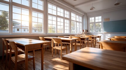 Sunlit classroom with rows of wooden desks and chairs under large windows and a blue chalkboard wall