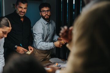 A multigenerational, multicultural business team collaborates on project ideas, analyzing and...