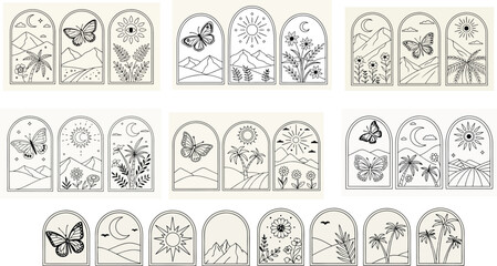 set of black and white flowers, vector illustration of an abstract flower