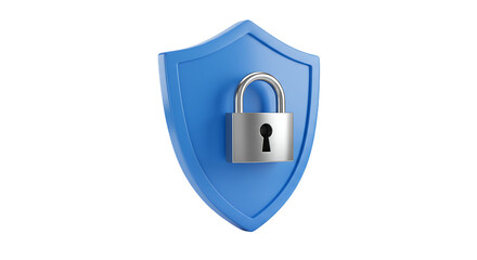 A blue shield with a silver padlock in the center on a black background security concept protection