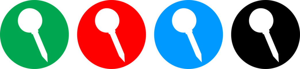 Push pin icon set. Attach button on needle, pinned office thumbtack and paper push pin isolated on color full background. Vector illustration.