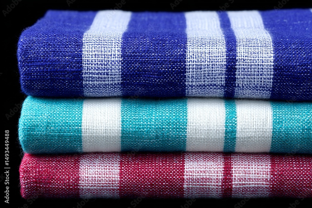 Poster colorful striped towels stacked neatly on a dark surface. each towel features a unique color combina